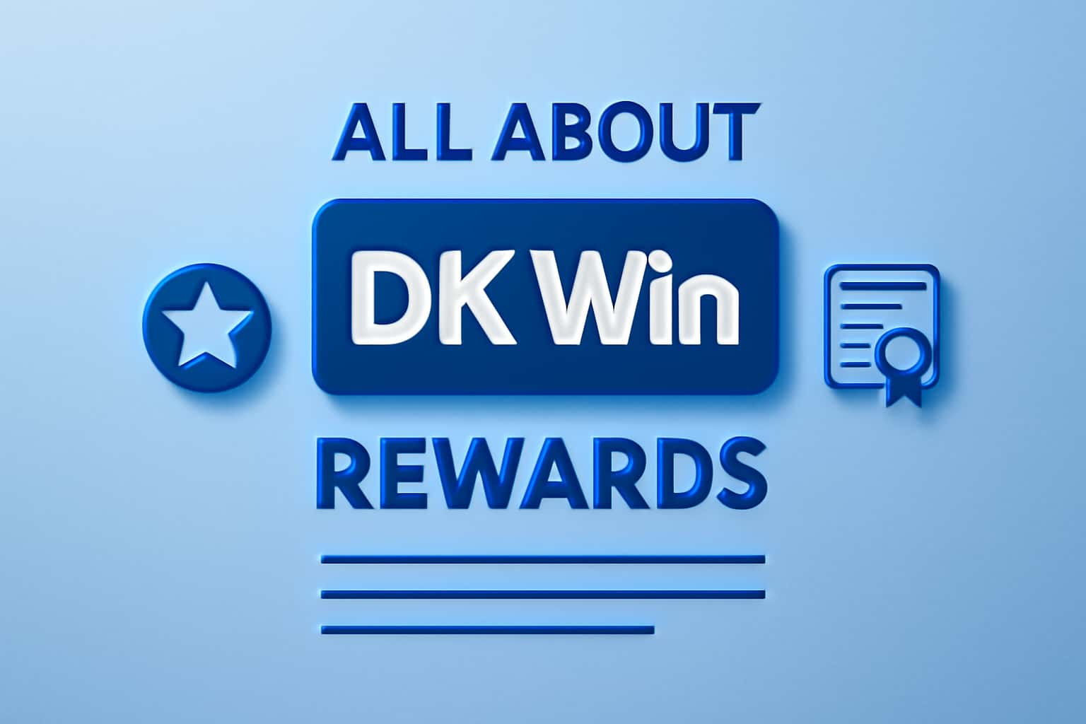 An informational scene about DK Win Rewards showing the title 'DK Win' in a high-tech, 3D text render.